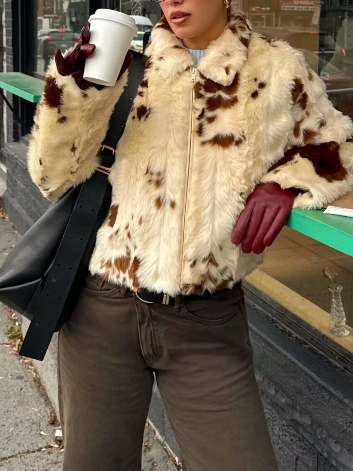 Faux Fur Zip Up Cropped Outerwear in Beige