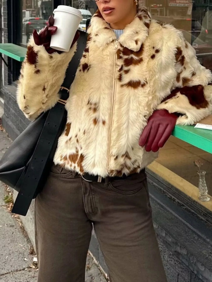 Faux Fur Zip Up Cropped Outerwear in Beige