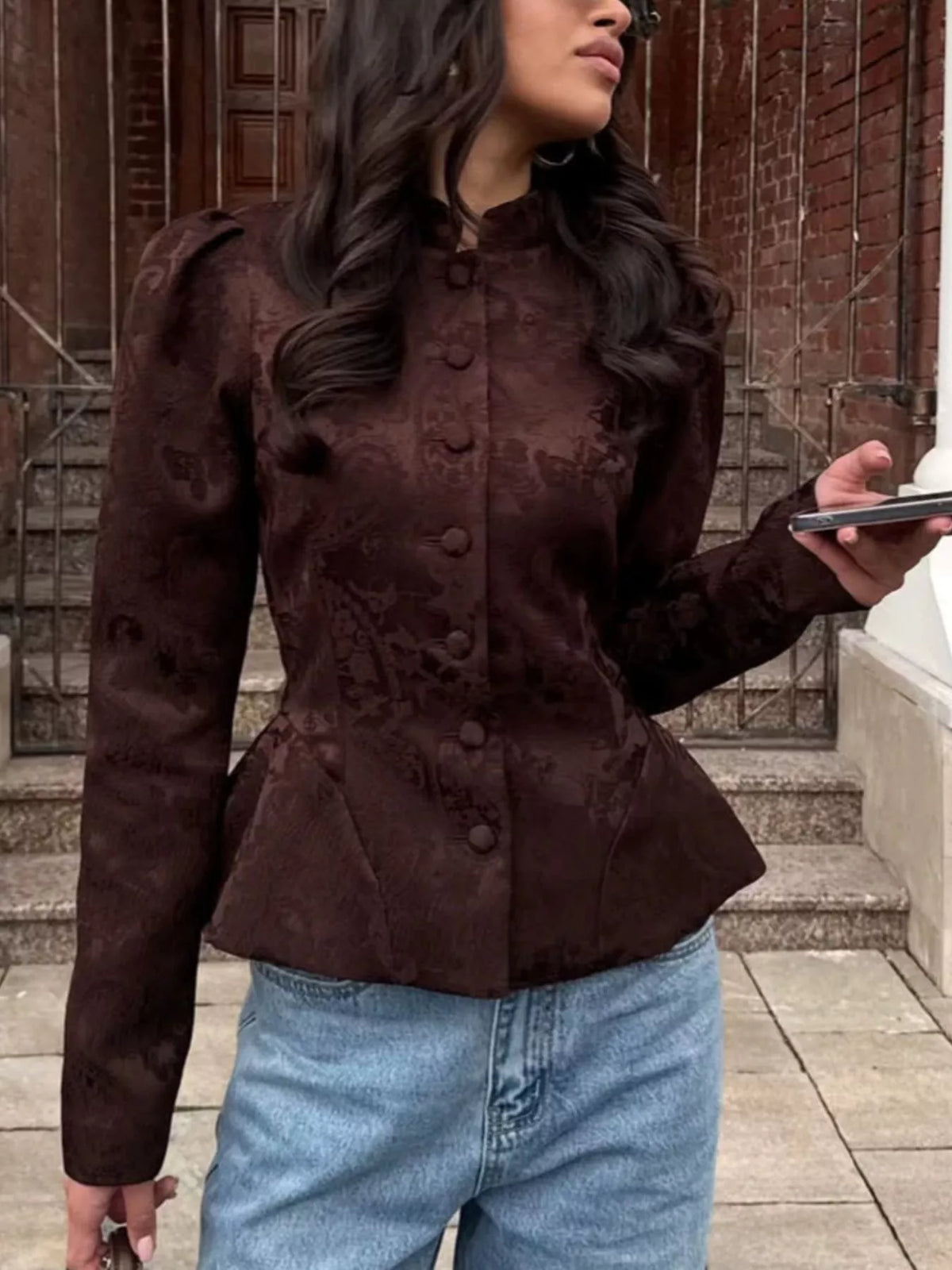 Jacquard Peplum Puff Sleeve Outerwear - Lilixa.store
