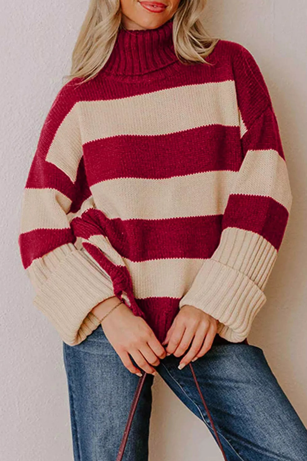Stripe Ribbed Trim High Neck Relaxed Pullover Sweater - Lilixa.store