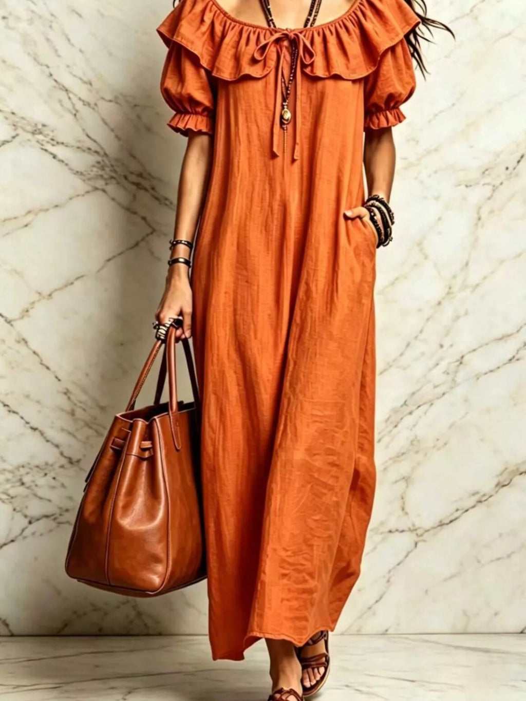 Ruffle Trim Puff Sleeve Maxi Dress - Lilixa.store