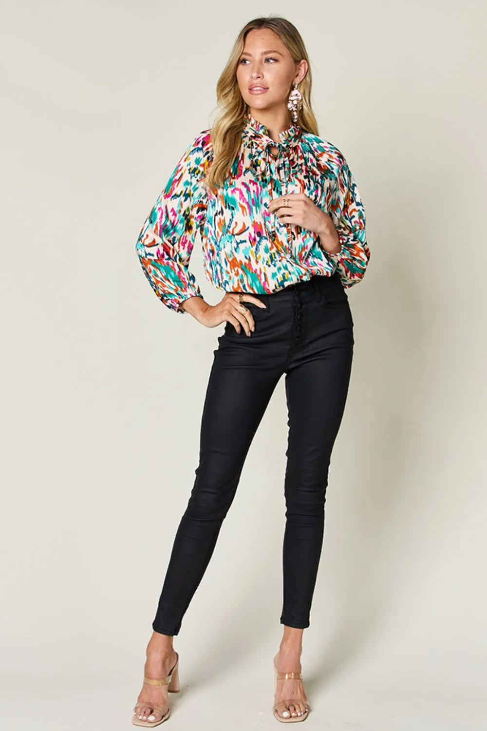 Double Take Full Size Printed Button Up Long Sleeve Shirt - Lilixa.store