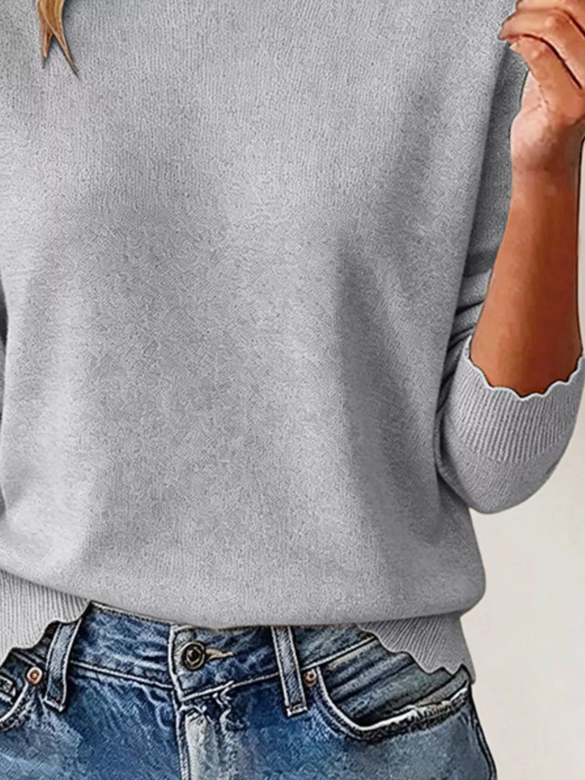 Full Size Scalloped Trim Crew Neck Sweater Plus Size