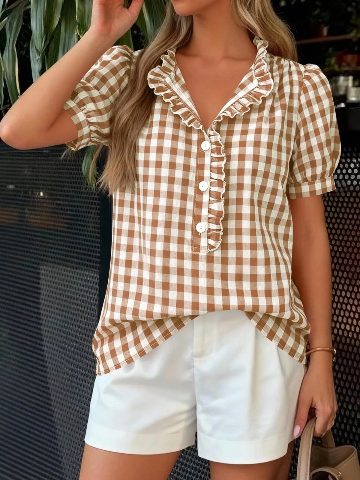 Gingham Button Front Puff Sleeve Blouse, view 3