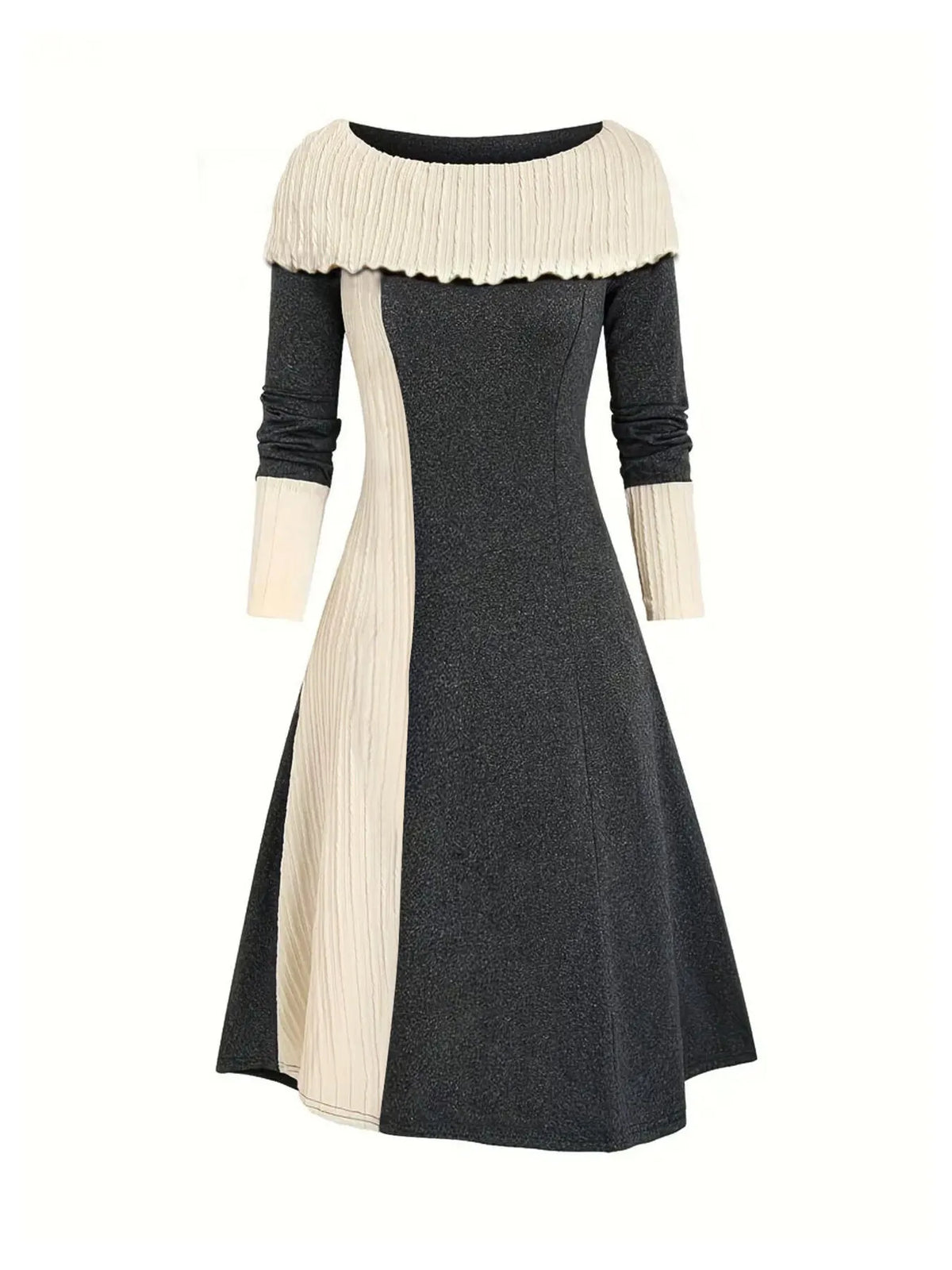 Color Block Ribbed Sweater Dress in Dark Gray, view 2