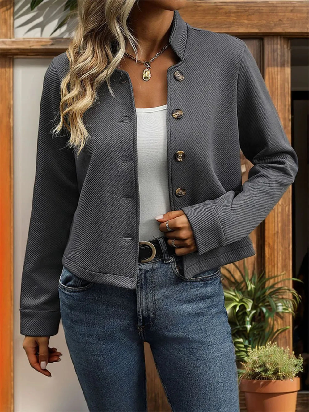 Perfee Textured Button Up Long Sleeve Jacket in Dark Gray, view 4