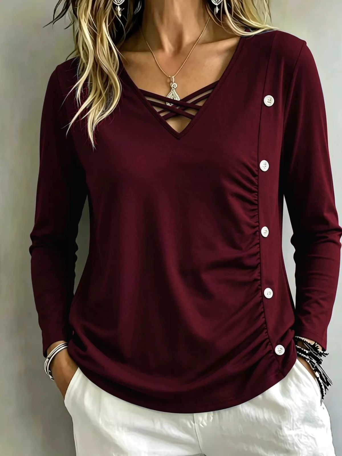 Plus Size Decorative Button Criss-Cross Long Sleeve Top - Lilixa.store