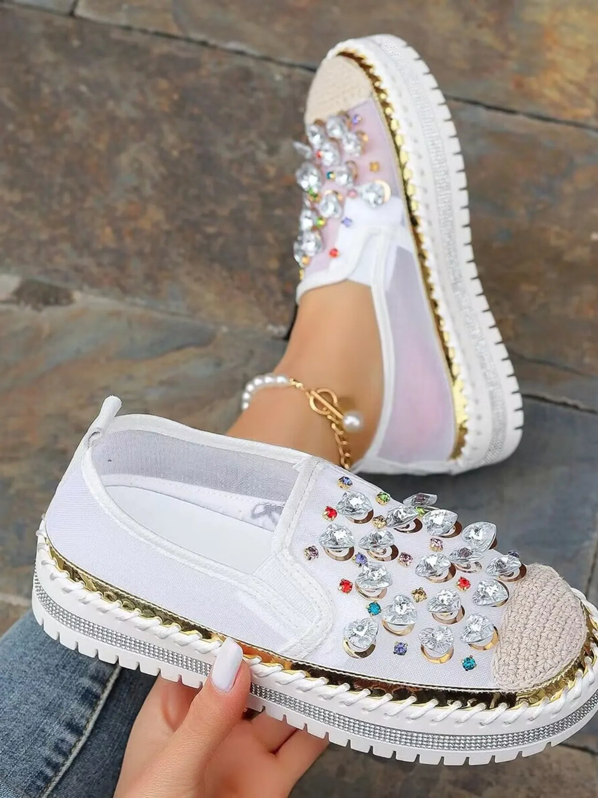 Rhinestone Embellished Platform Loafers, view 3