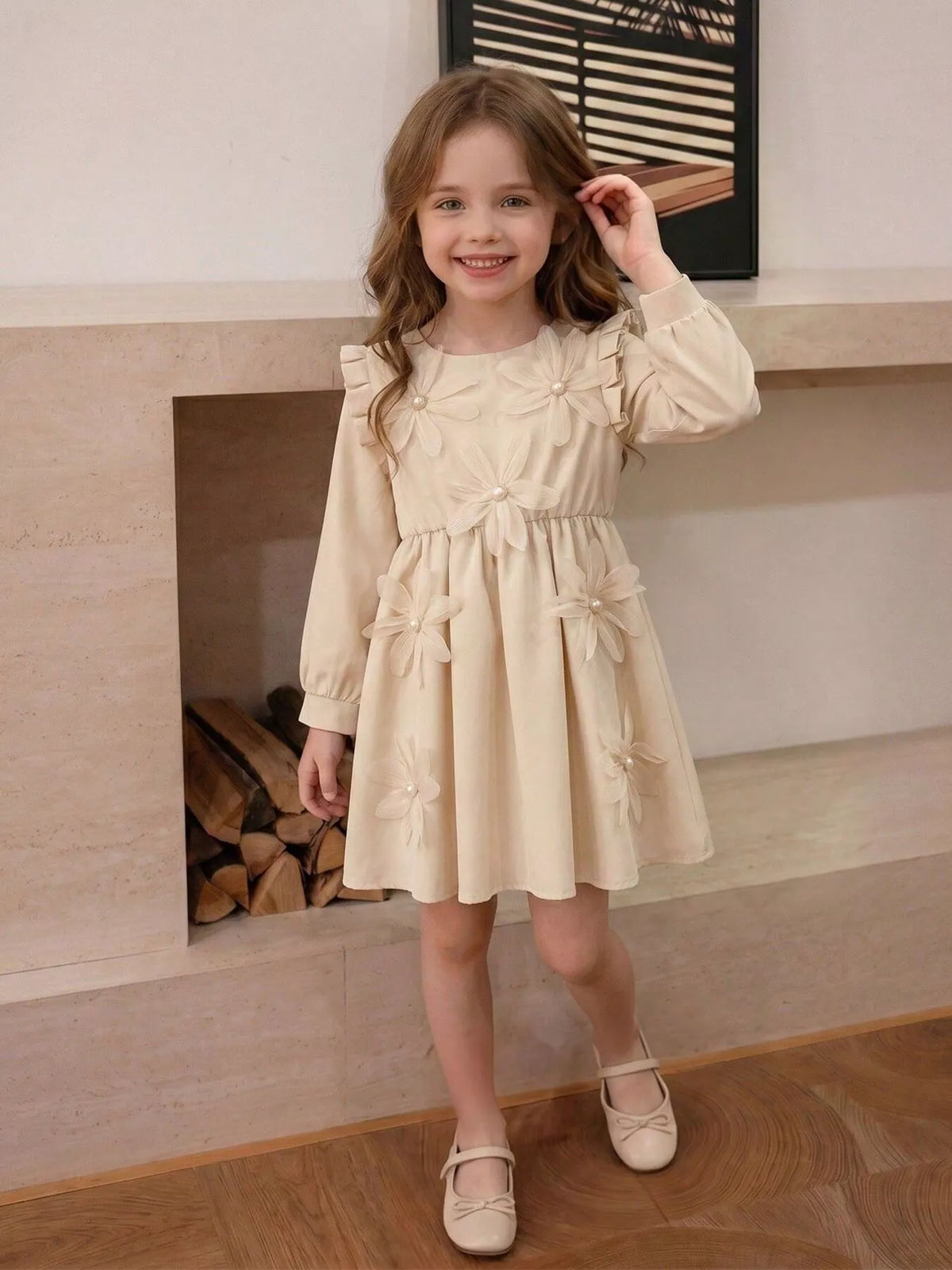 Children's Long-Sleeve Dress with 3D Floral Appliques and Pearl Accents in Apricot Color
