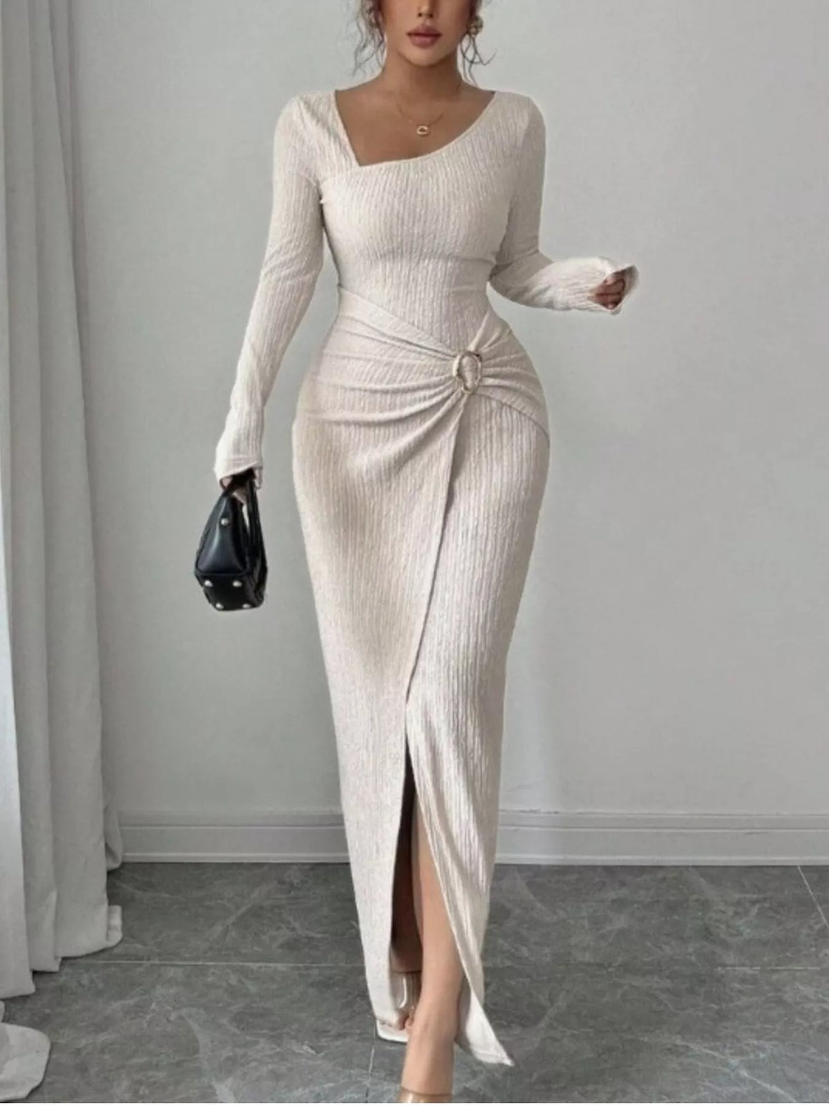 Slit Asymmetrical Neck Ribbed Maxi Dress - Lilixa.store