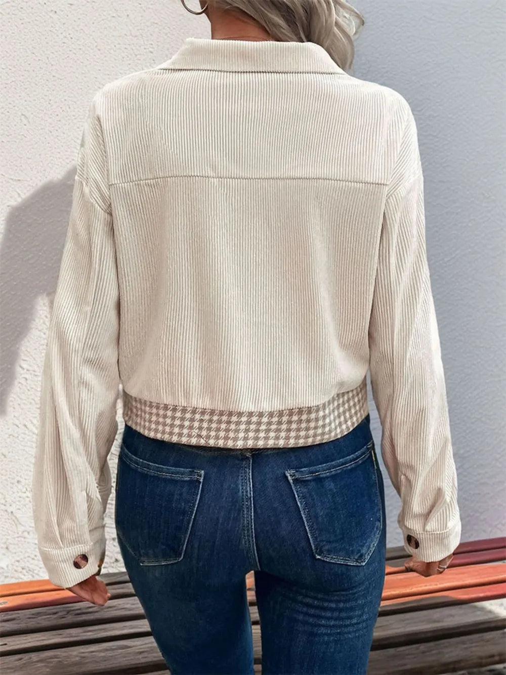 Perfee Pocketed Houndstooth Long Sleeve Jacket in Beige, view 2