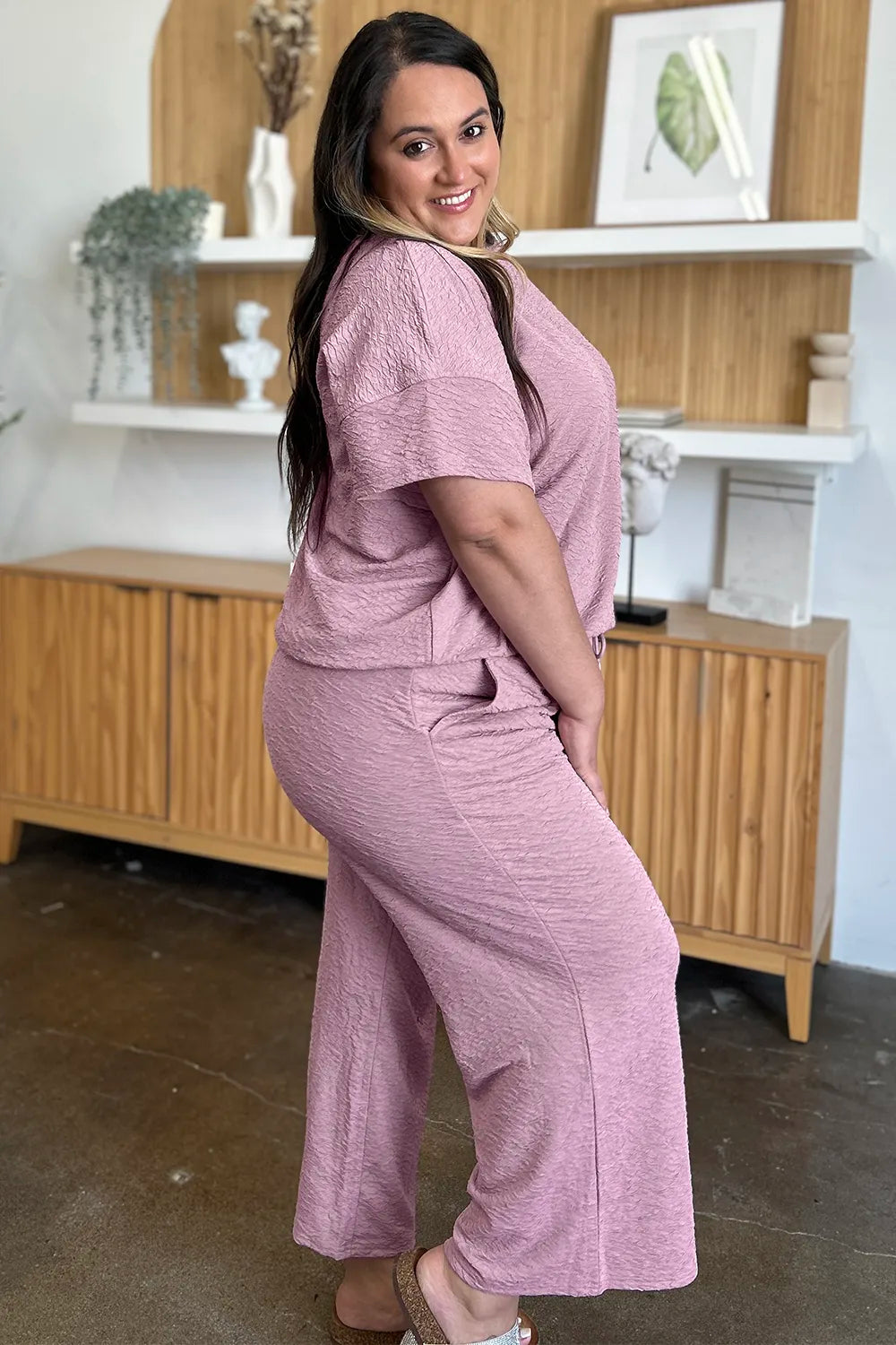 Double Take Full Size Texture Short Sleeve Top and Pants Set, view 5