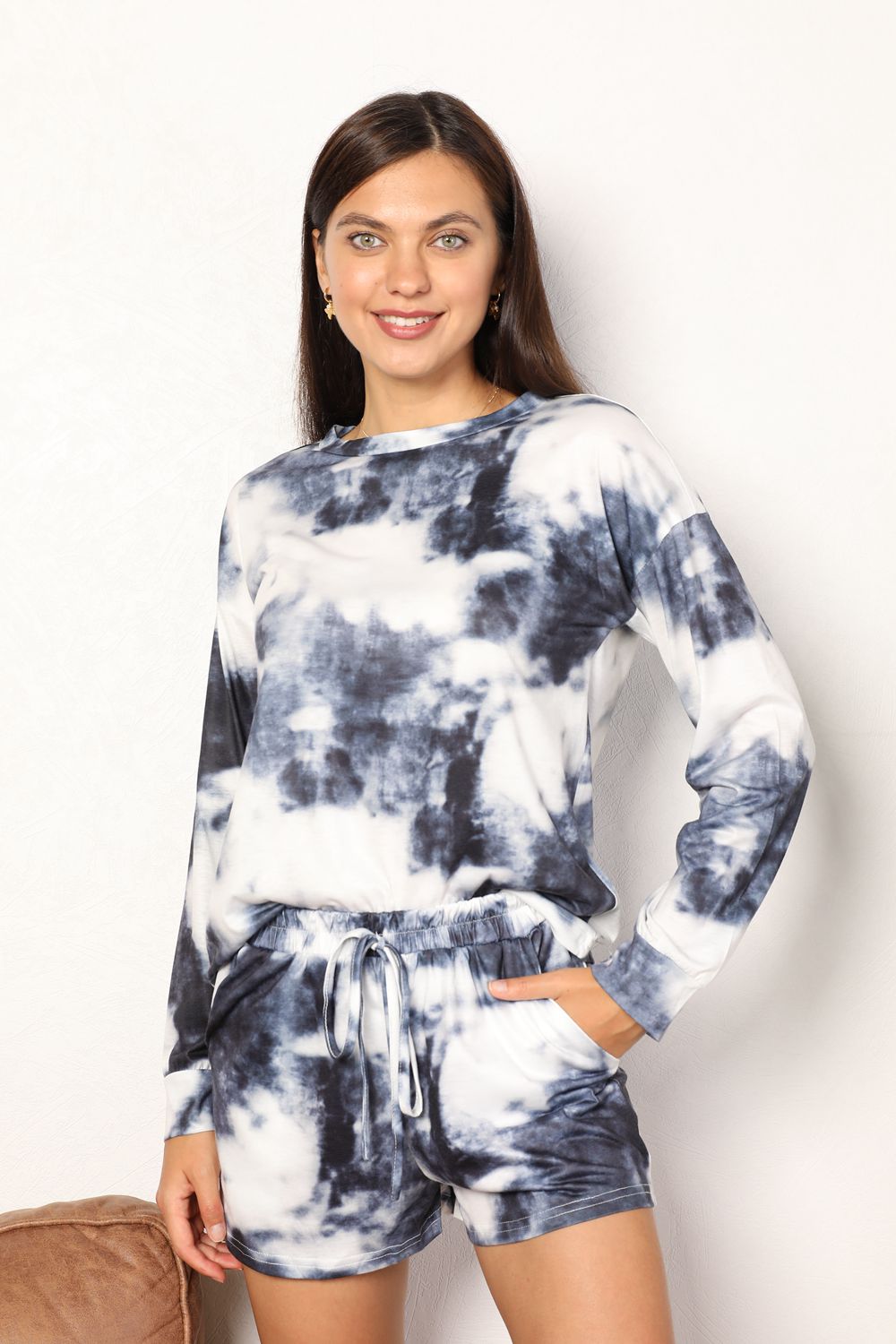 Shiny Tie-Dye Round Neck Top and Shorts Lounge Set - Lilixa.store