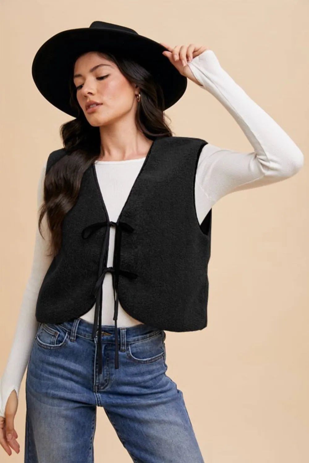 Annie Wear V-Neck Tie Detail Vest Coat - Lilixa.store