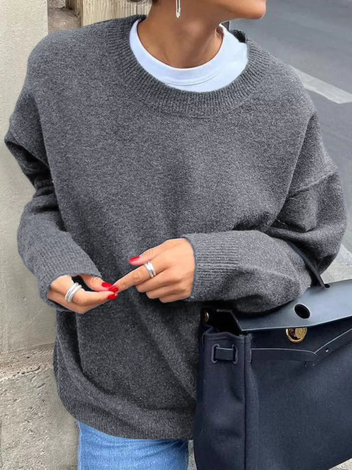 Ribbed Round Neck Dropped Shoulder Sweater - Lilixa.store