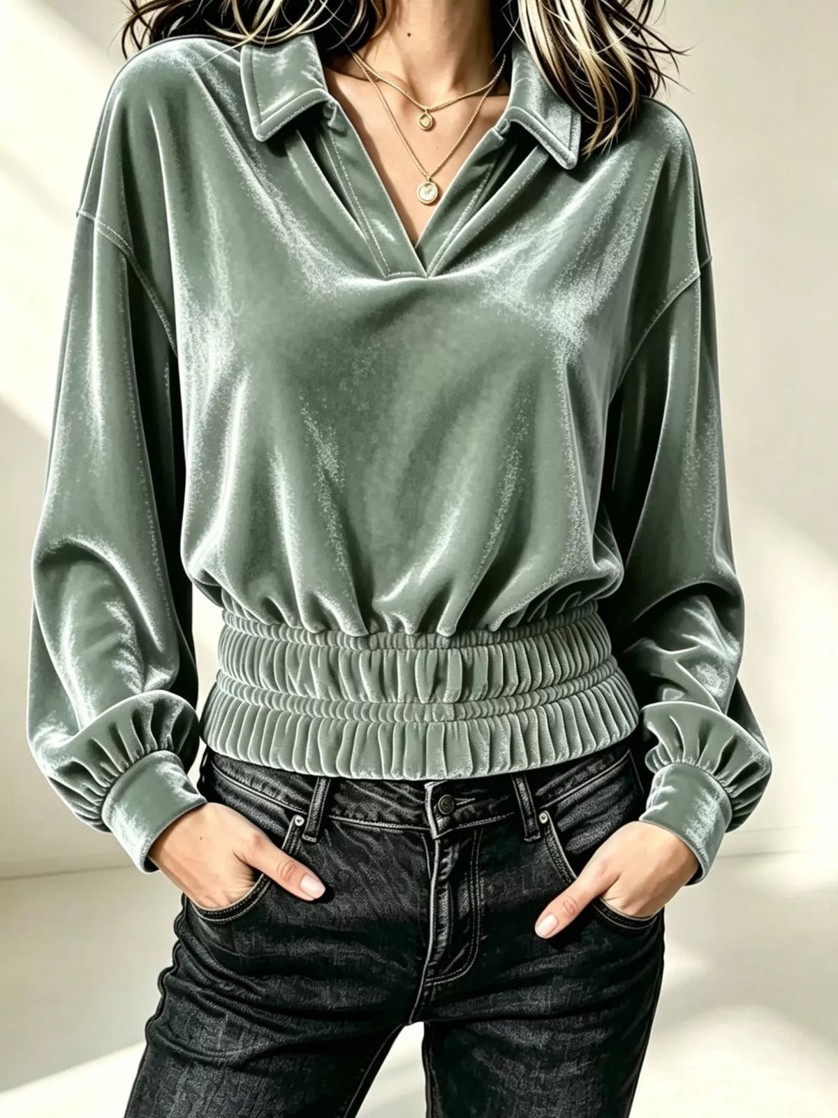Velvet Johnny Collar Long Sleeve Blouse in Sage