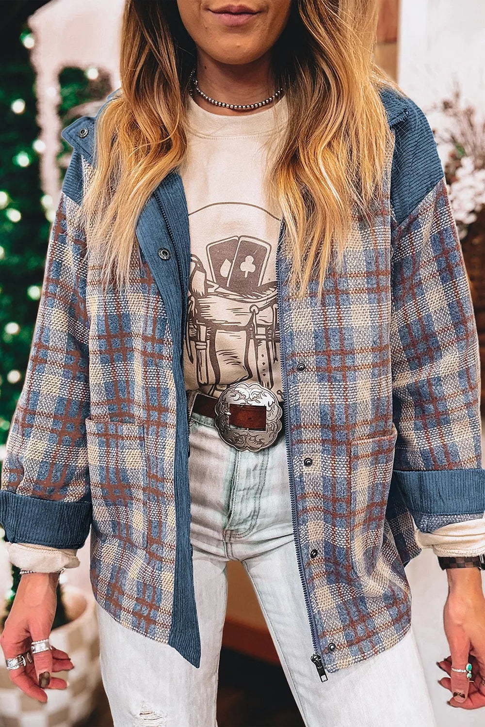 Plaid Corduroy Patchwork Collared Zip Up Snap Button Jacket