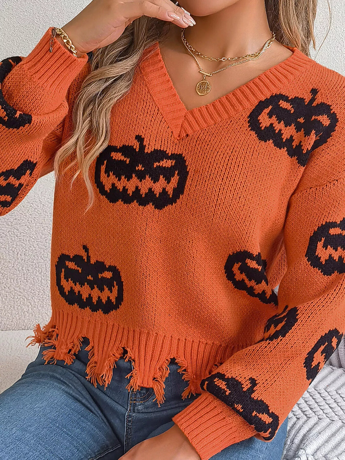 Pumpkin Distressed Hem Sweater