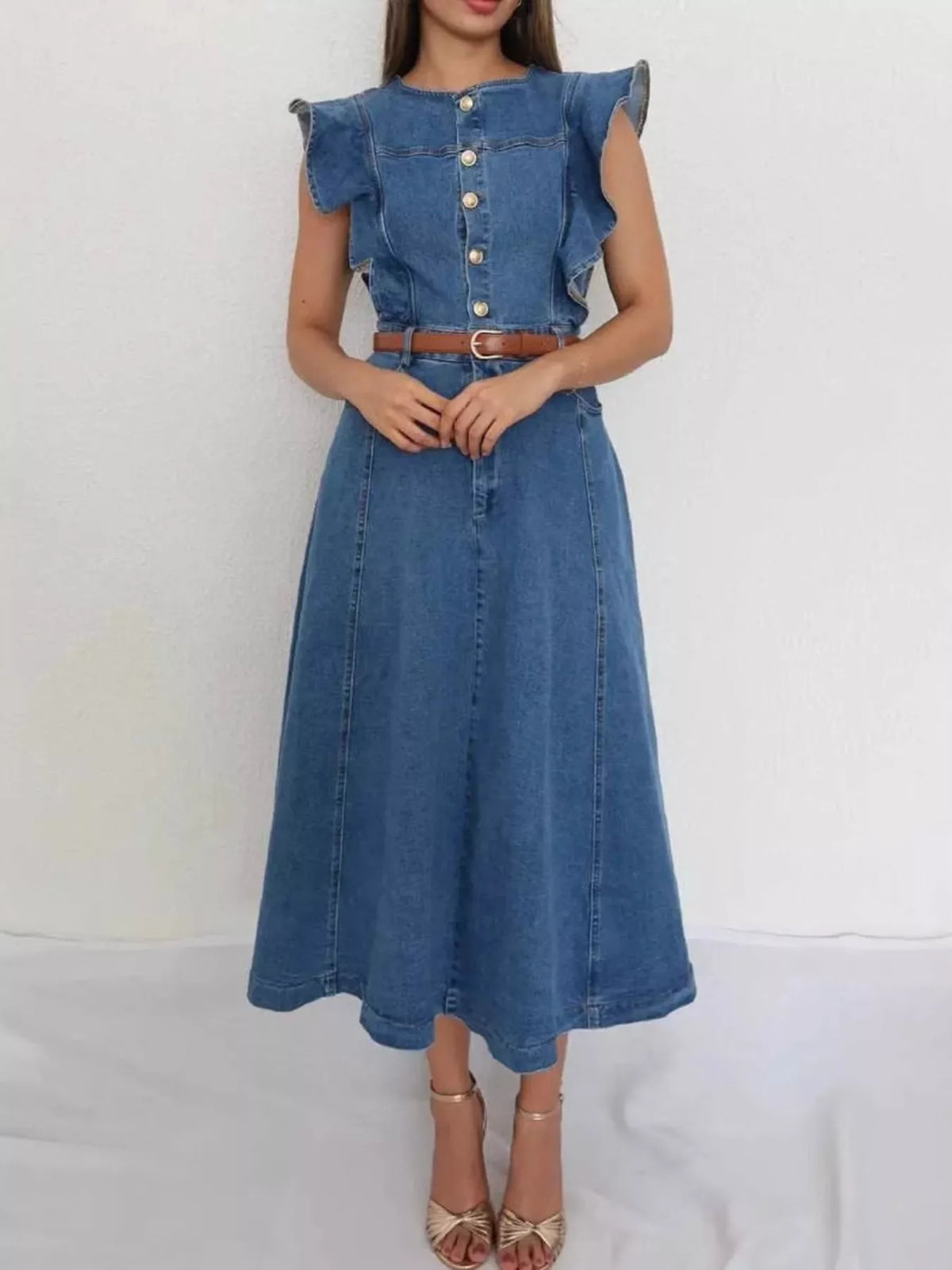 Ruffled Button Front Denim Dress - Lilixa.store