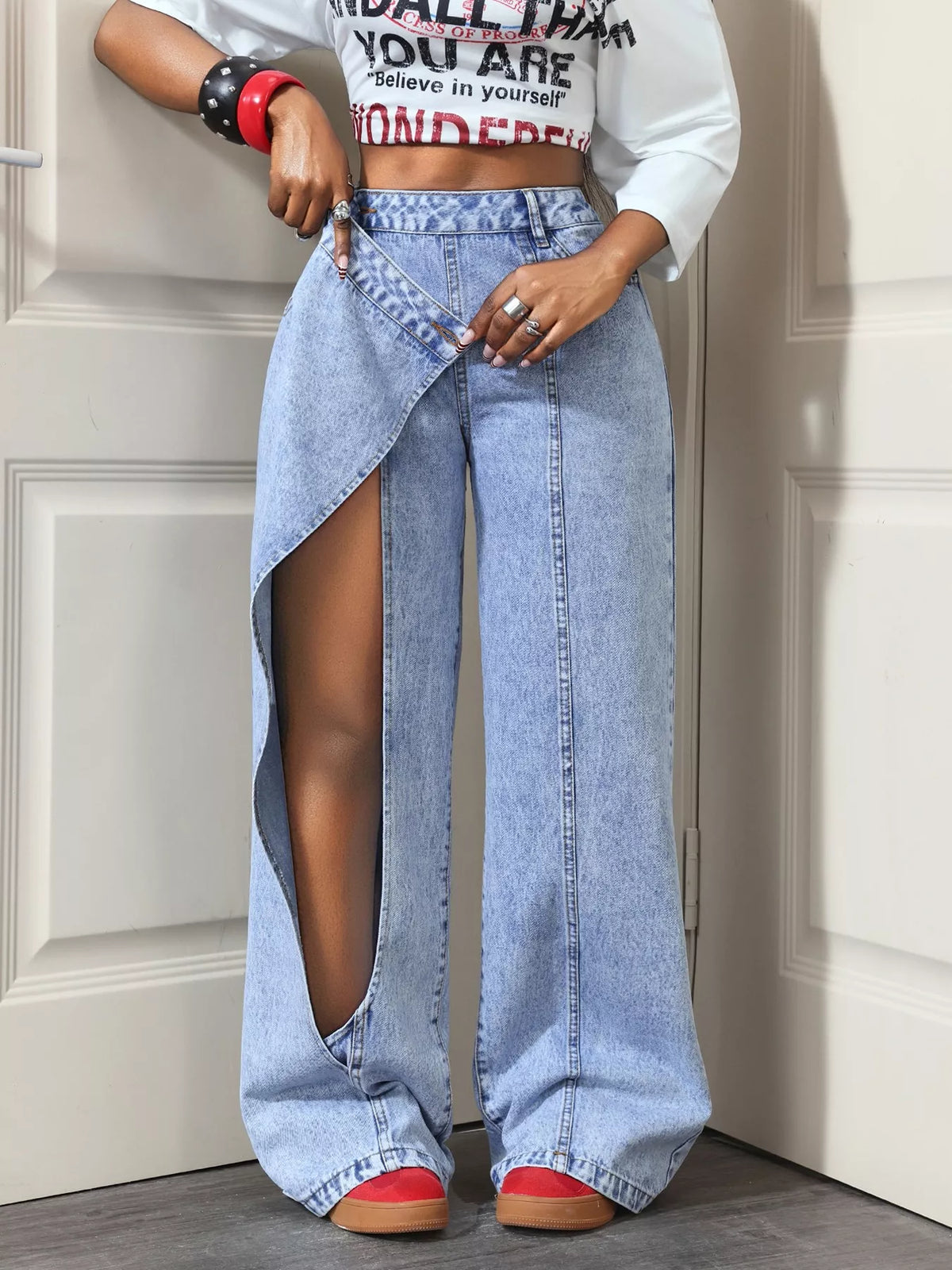 High-Waisted Asymmetric Wrap Wide-Leg Jeans - Lilixa.store