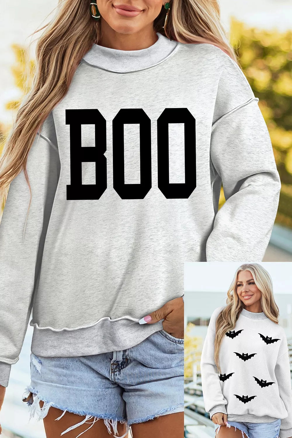 Halloween BOO & Bat Printed Reversible Mock Neck Sweatshirt - Lilixa.store