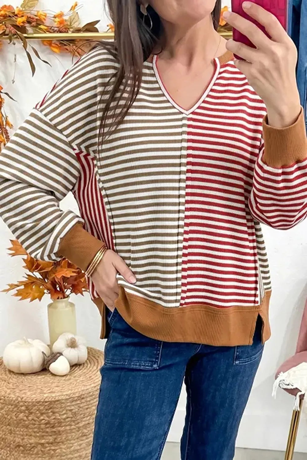 Colorblock Striped V-Neck Top in Multicolor