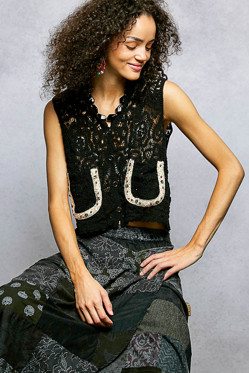POL Button Down Cropped Crochet Vest with Scalloped Edge - Lilixa.store