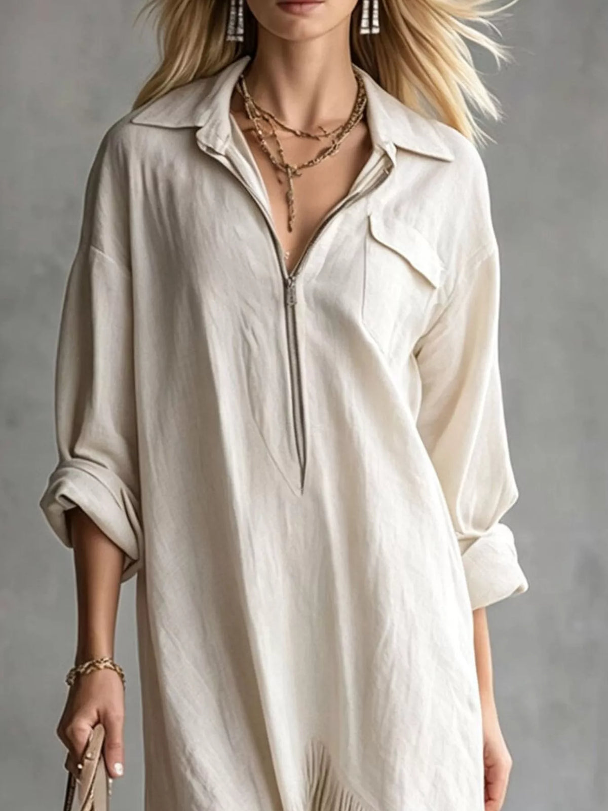 Zipper-Front Fringe Hem Midi Dress