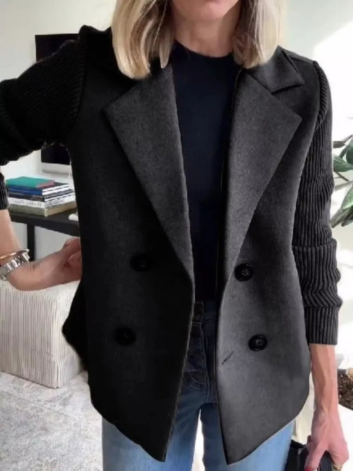 Full Size Knitted Sleeve Wool Blend Double-Breasted Blazer Plus Size - Lilixa.store