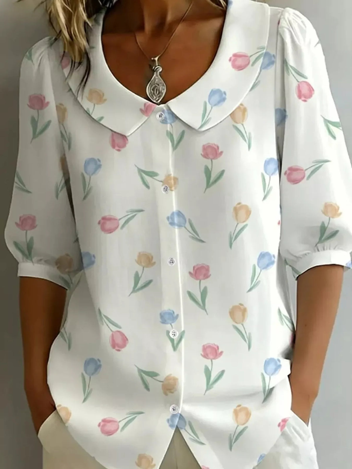 Daisy Print Peter Pan Collar Button-Down Shirt - Lilixa.store
