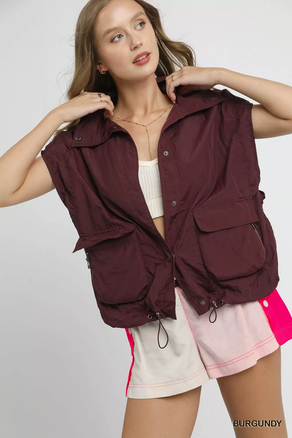 Umgee Drawstring Hem Nylon Vest with Pockets - Lilixa.store