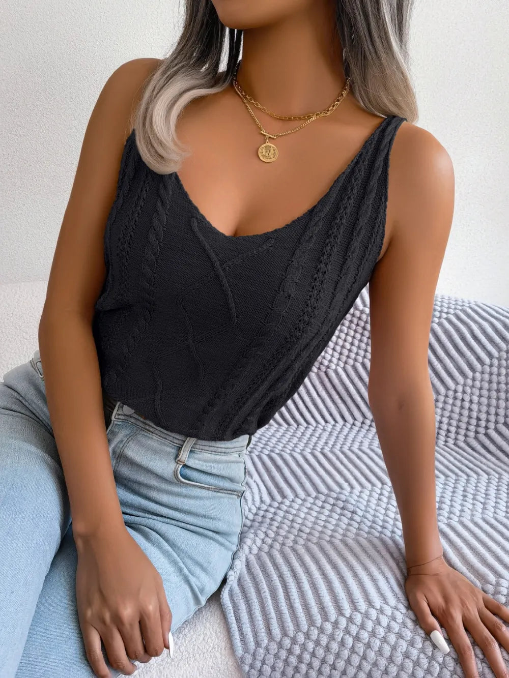 Cable-Knit Scoop Neck Knit Vest, view 13