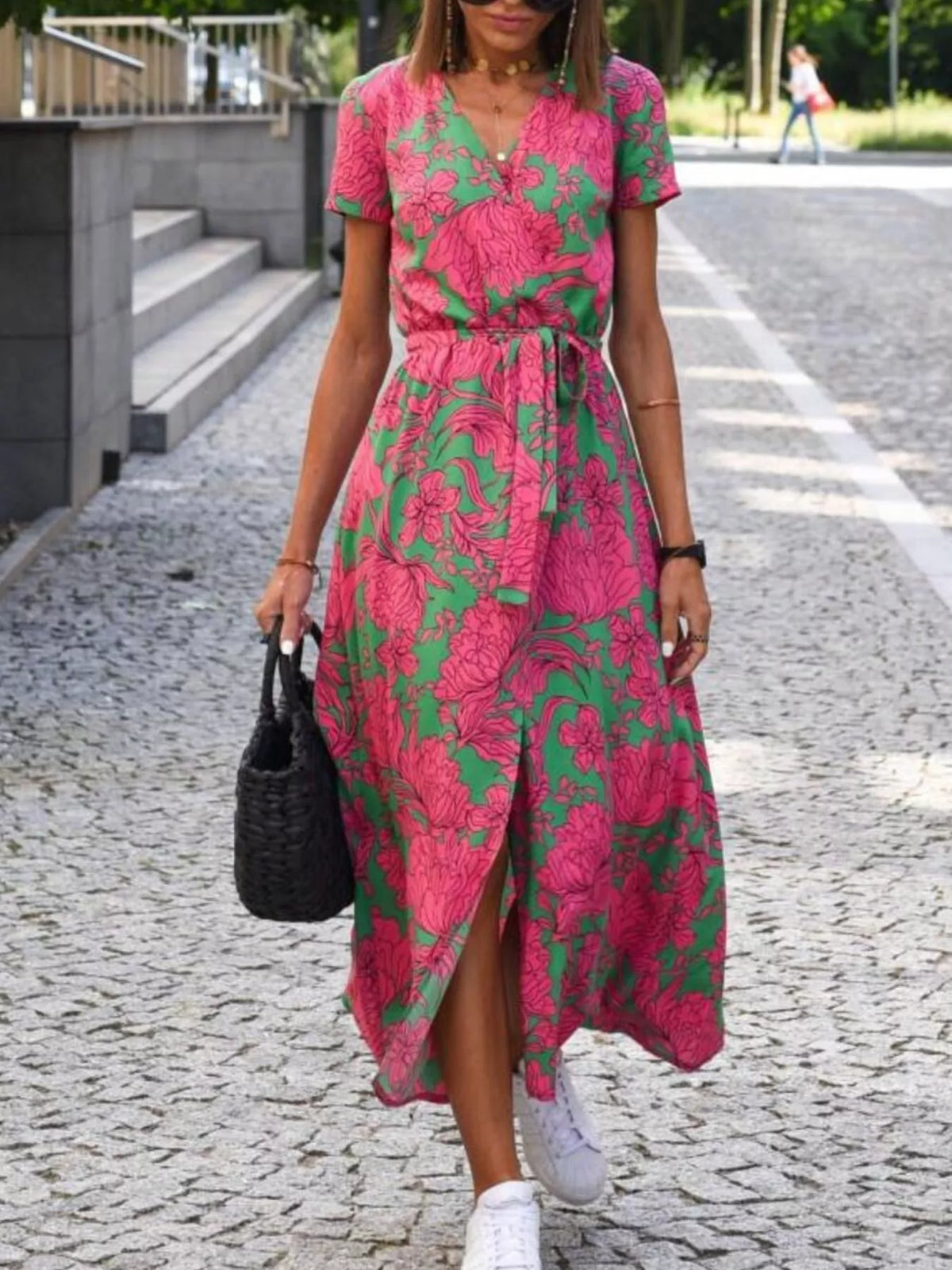 Full Size Slit Floral Print Short Sleeve Dress Plus Size - Lilixa.store
