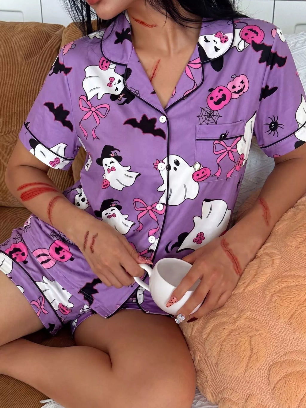 Halloween Ghost Print Button-Down Top and Shorts Lounge Set - Lilixa.store