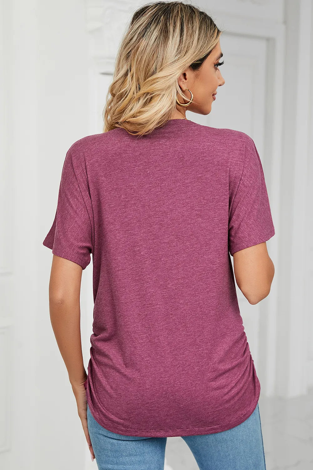 Ruched V-Neck Short Sleeve T-Shirt - Lilixa.store