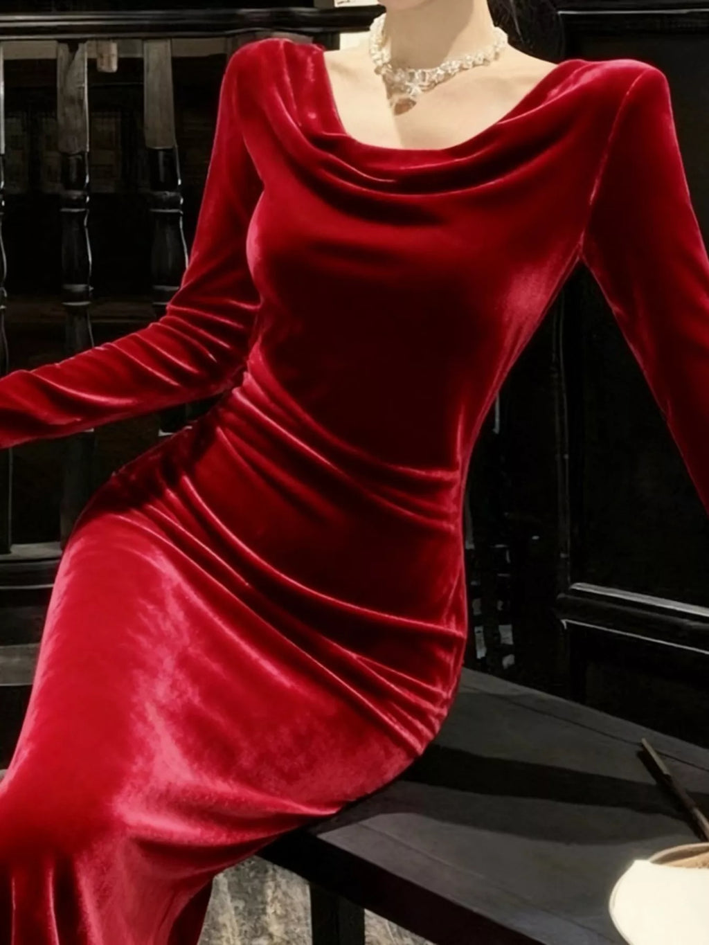 Velvet Cowl Neck Long Sleeve Midi Dress - Lilixa.store