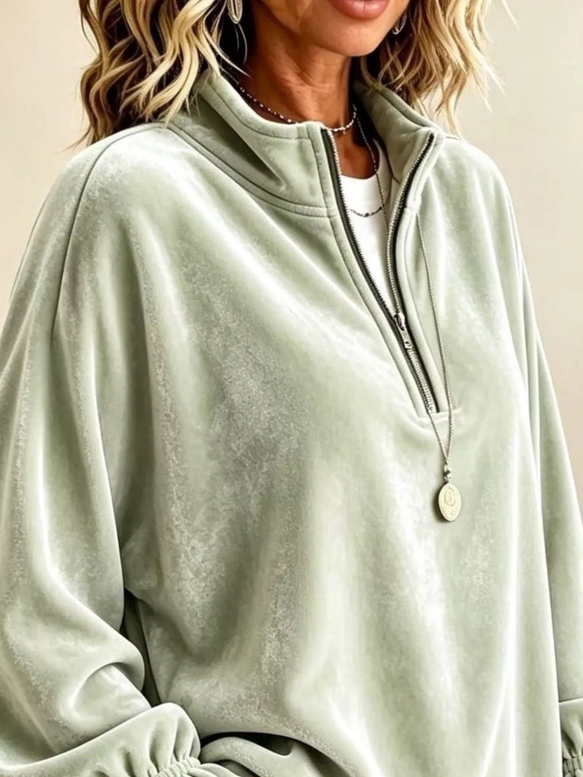Velvet Quarter-Zip Sweatshirt with Ruffled Cuffs - Lilixa.store