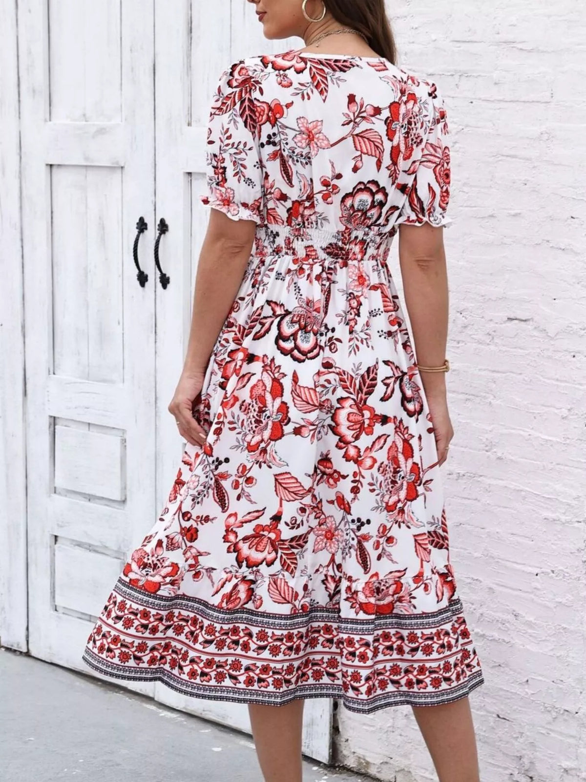 Floral Print Puff Sleeve Wrap Midi Dress