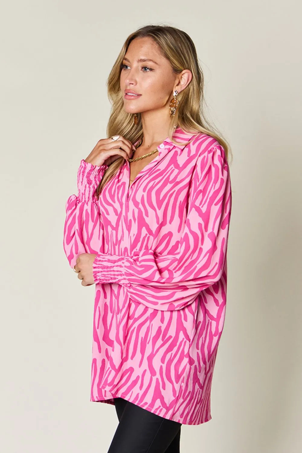 Double Take Full Size Printed Smocked Long Sleeve Blouse Plus Size - Lilixa.store