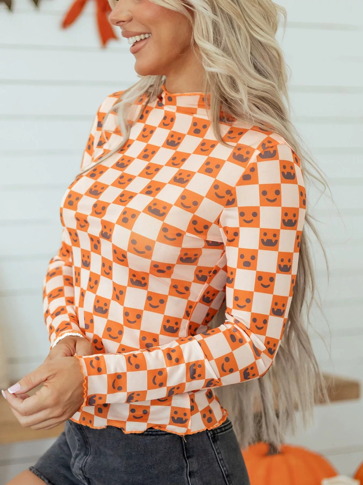 Abstract Halloween Pattern Long Sleeve Mock Neck Blouse - Lilixa.store