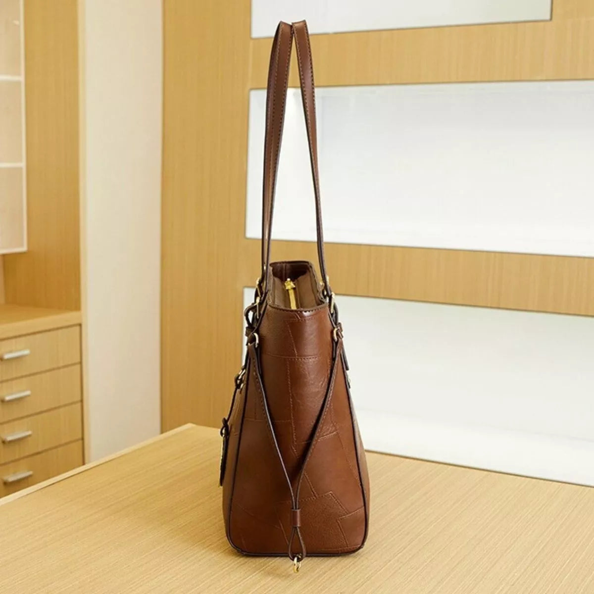 Patchwork Leather Tote Bag with Gold Logo Charm in Brown, view 10