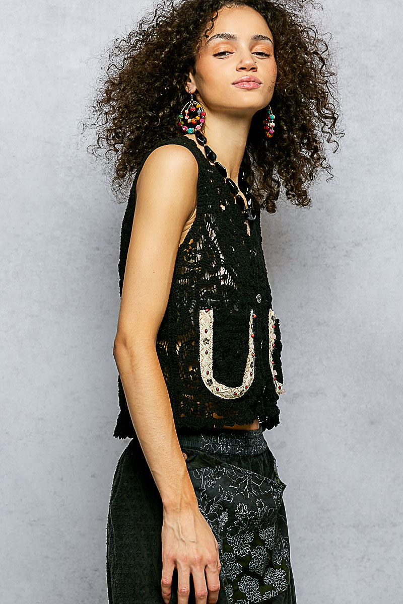 POL Button Down Cropped Crochet Vest with Scalloped Edge - Lilixa.store