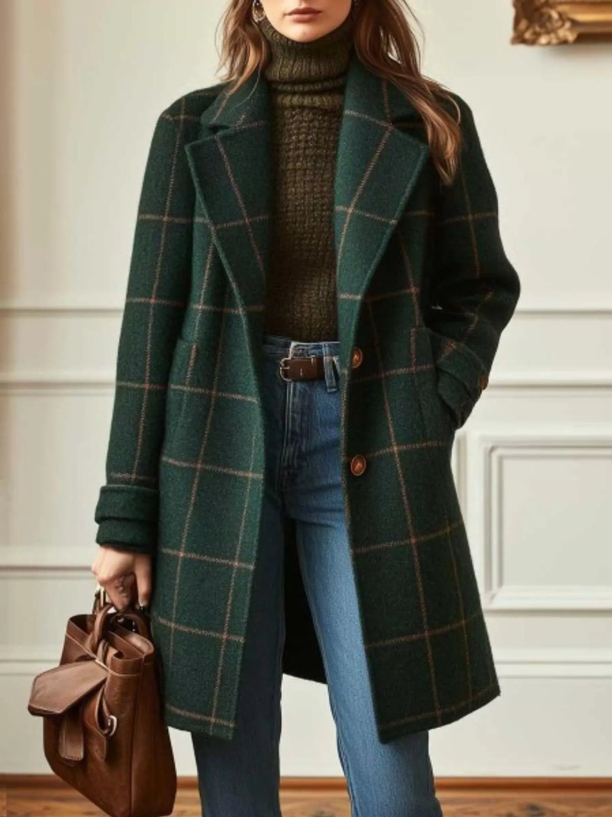 Full Size Plaid Lapel Collar Longline Single-Breasted Overcoat Plus Size - Lilixa.store