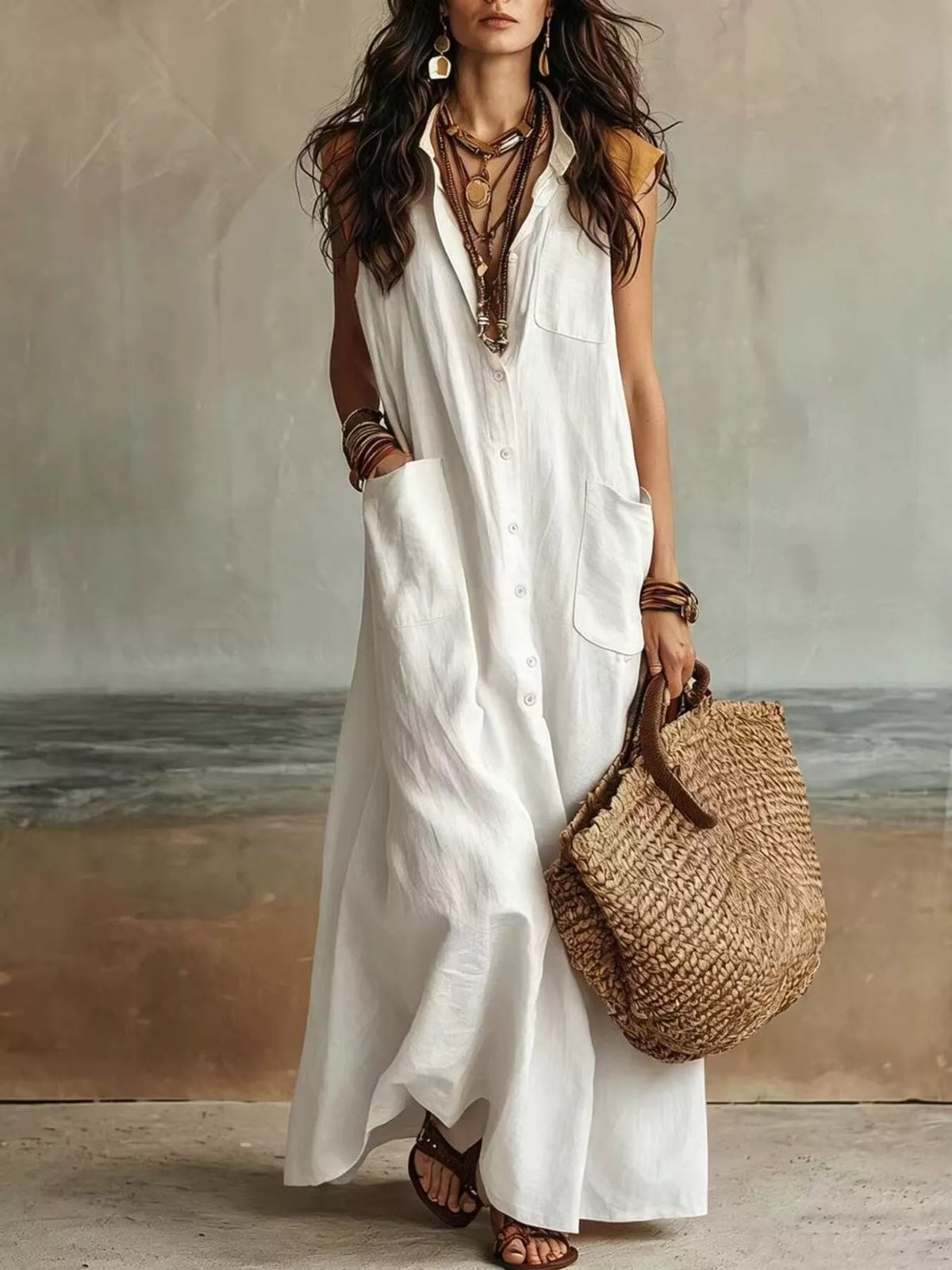 Sleeveless Button-Down Linen Maxi Dress - Lilixa.store