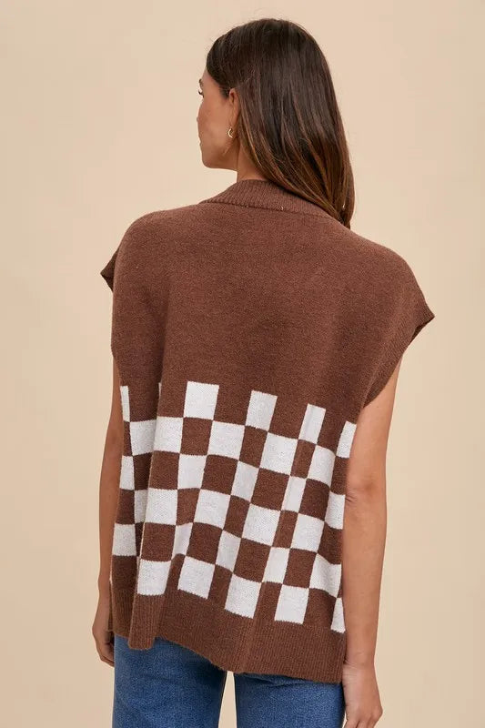 Annie Wear Checkered Button Down Short Sleeve Cardigan in Dark Brown, view 3