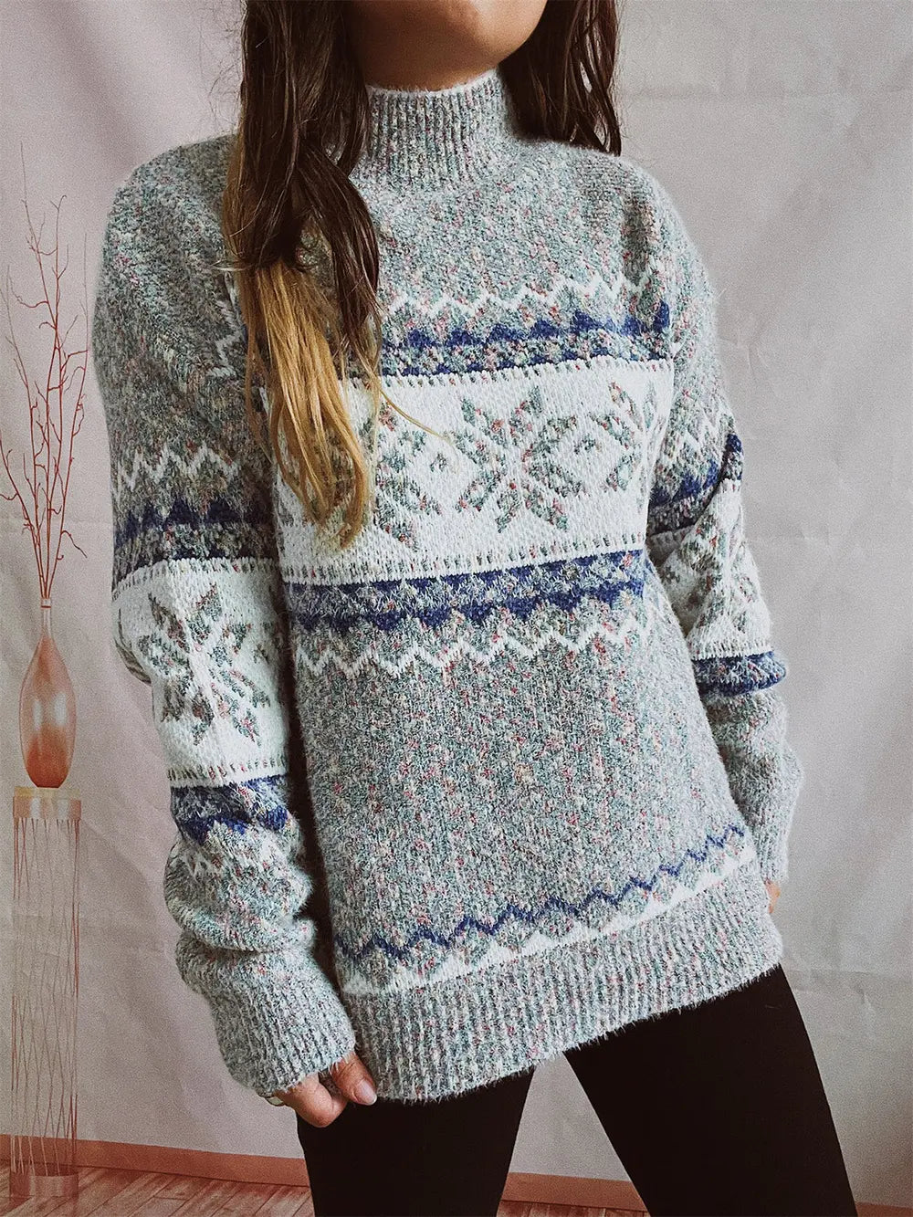 Geometric Mock Neck Dropped Shoulder Sweater, view 10