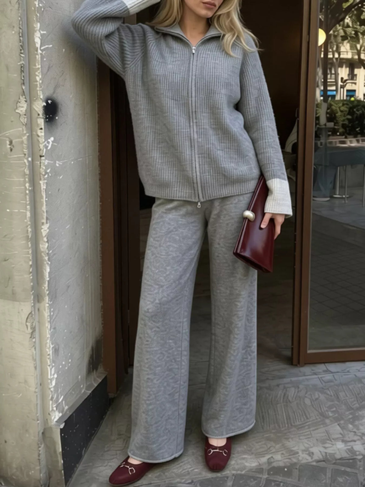 Zip-Up Contrast Cuff Cardigan and Pants Sweater Set in Gray