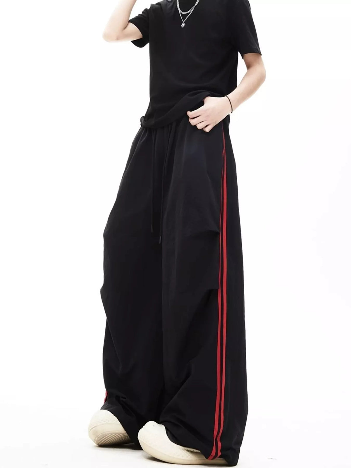 Men's Wide-Leg Pants with Side Stripes in Black