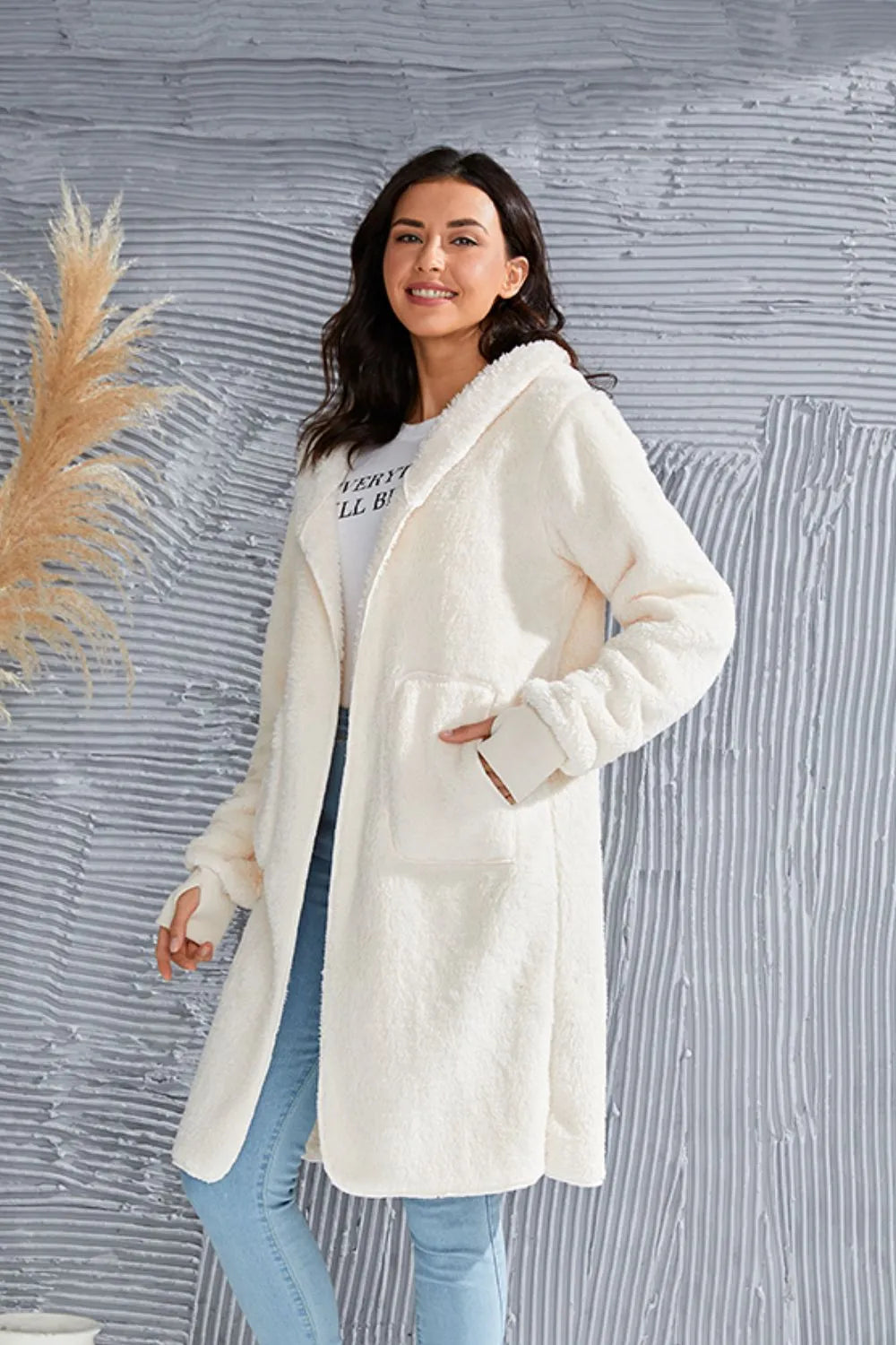Double Take Full Size Hooded Teddy Bear Jacket with Thumbholes - Lilixa.store