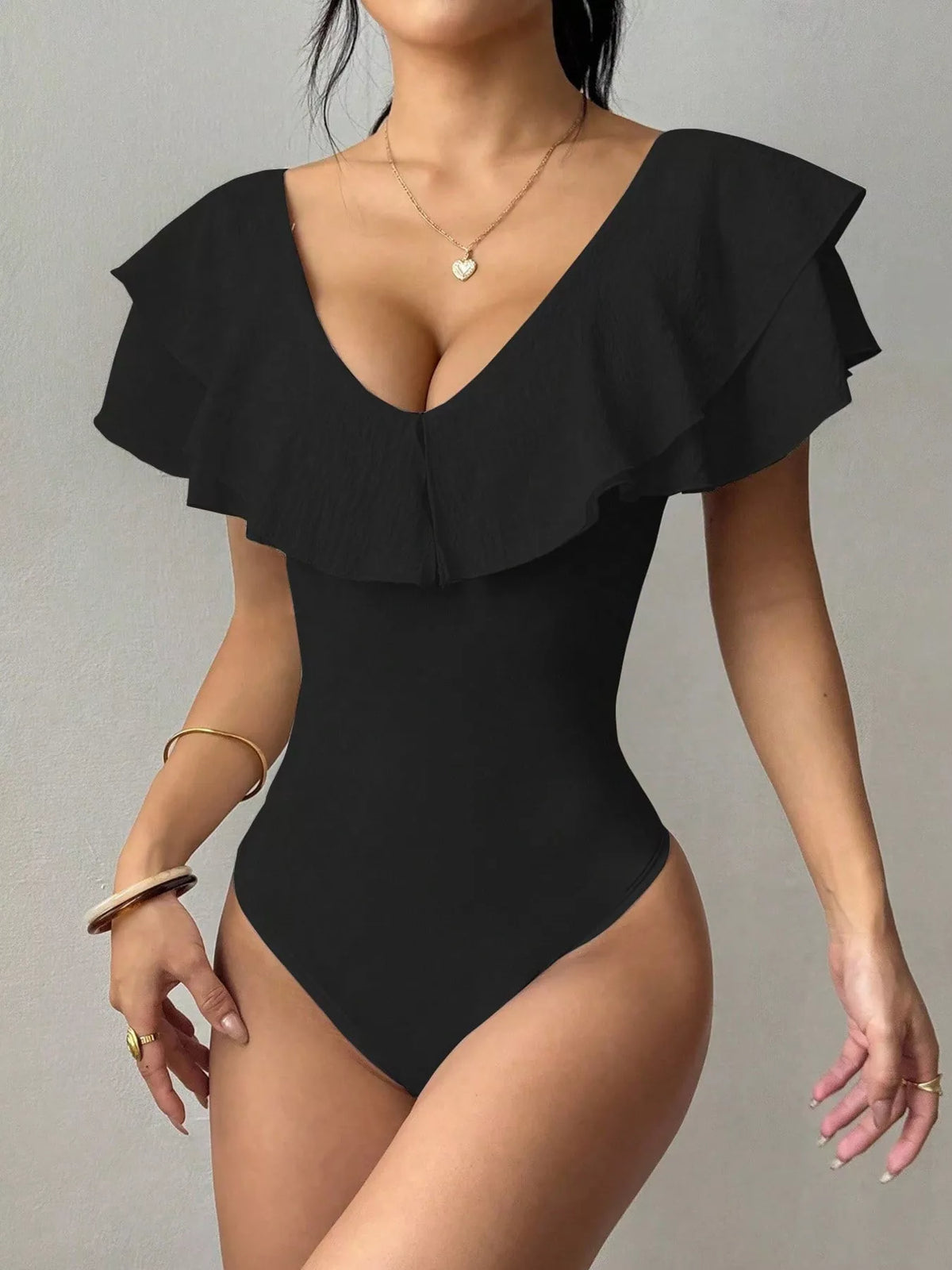 Ruffle Trim V-Neck Bodysuit - Lilixa.store